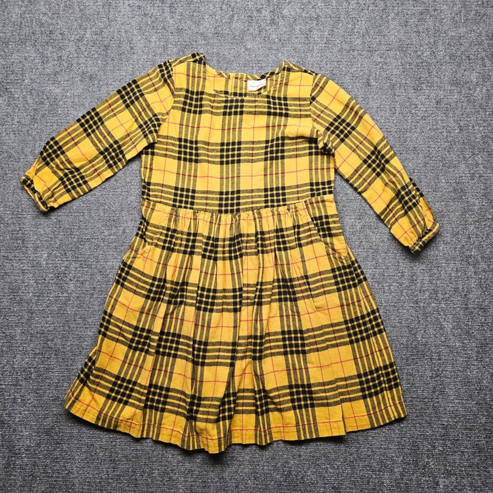 Hanna Andersson Girls Yellow Plaid Flannel Dress Pockets Size 12 150cm 52509 GW